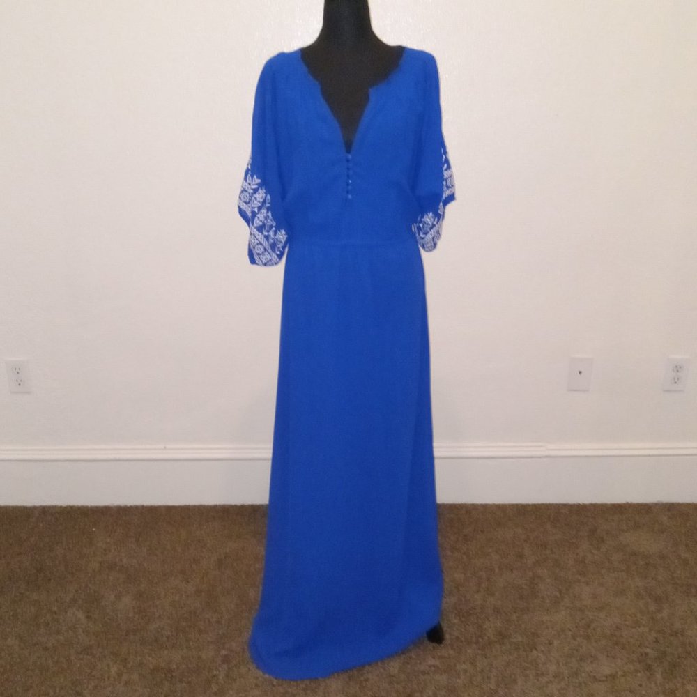 Bright blue sheer embroidered maxi dress